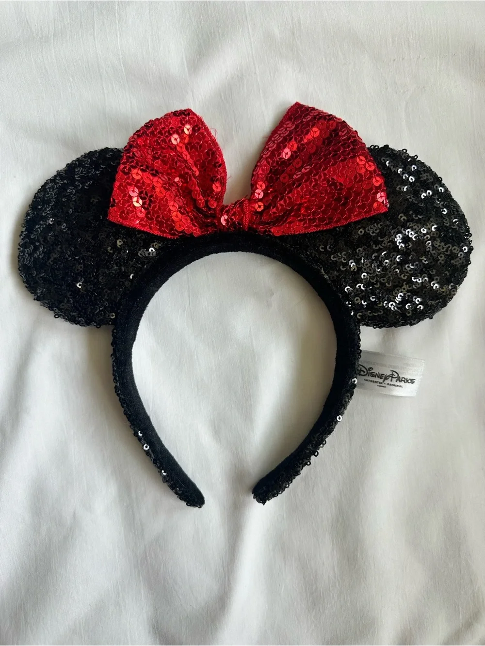 Official Disney Parks Sequin Minnie Ears Headband with Red Bow- Black & Red